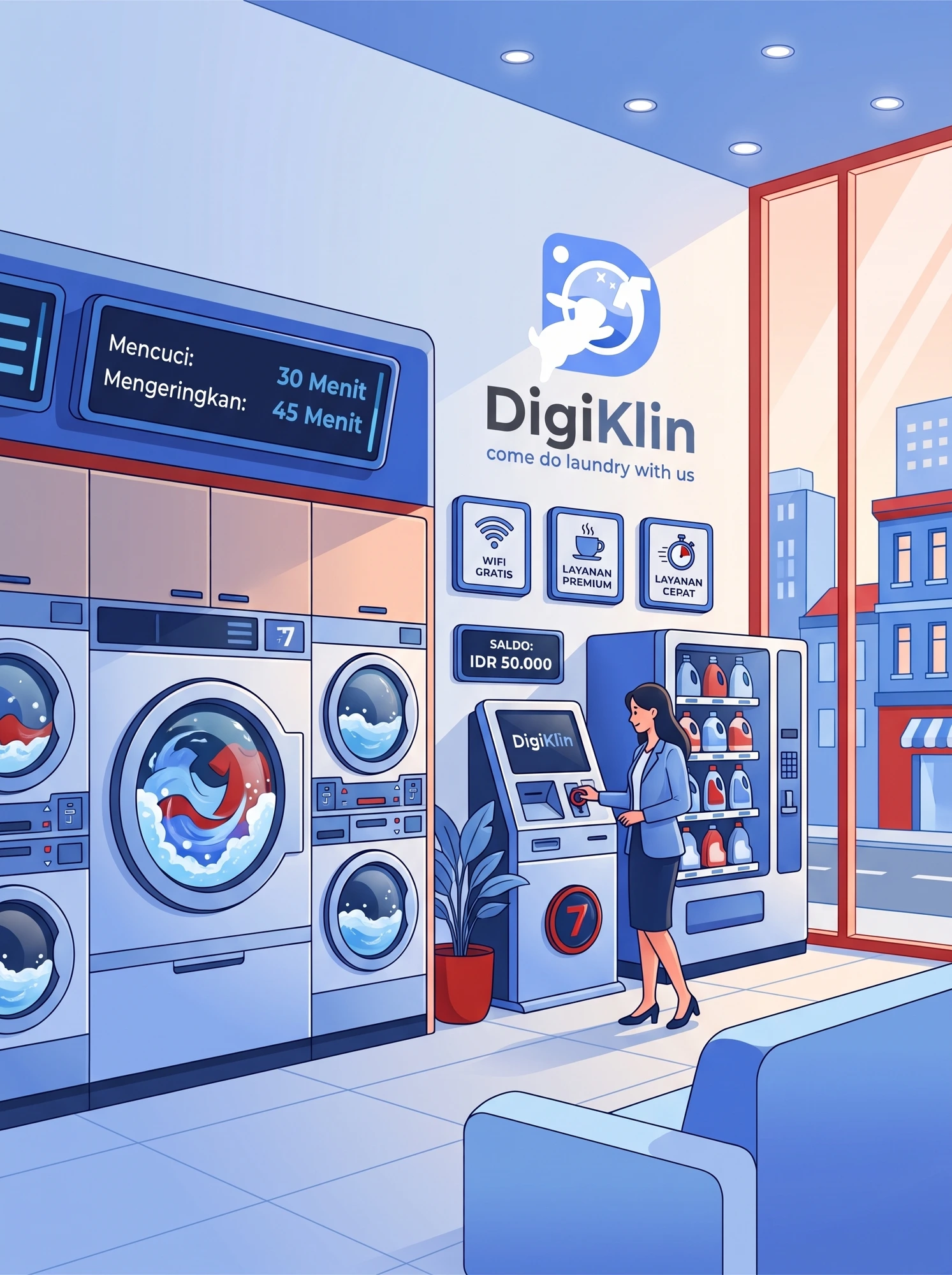 Ilustrasi outlet self-service DigiKlin dengan mesin cuci pintar